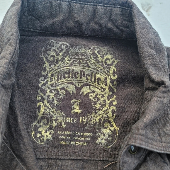 Pelle Pelle Shirt Men's L Large Pearl Snap UP Brown Biker Legend Convertible Slv - Picture 5 of 10